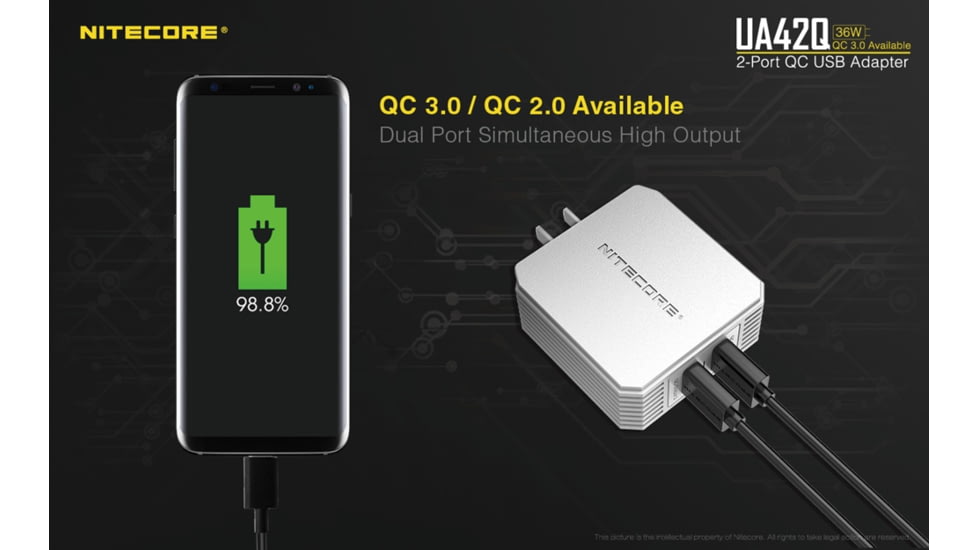 Nitecore UA42Q 2-Port Quick Charge USB 2.0 &amp; 3.0 Adapter, Silver, 6952506493067