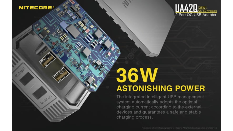 Nitecore UA42Q 2-Port Quick Charge USB 2.0 &amp; 3.0 Adapter, Silver, 6952506493067