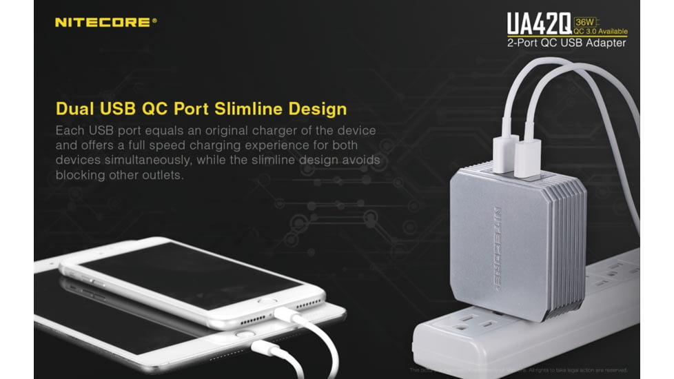 Nitecore UA42Q 2-Port Quick Charge USB 2.0 &amp; 3.0 Adapter, Silver, 6952506493067