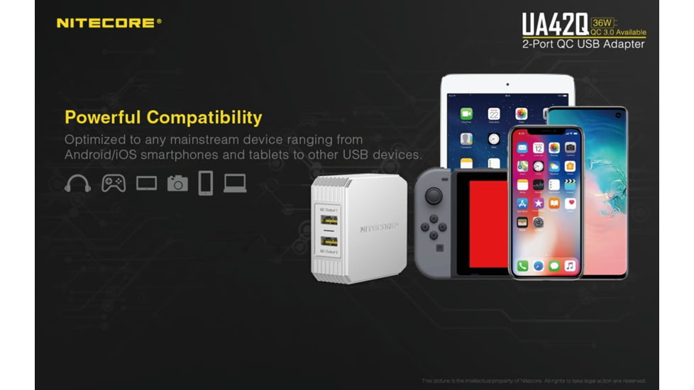 Nitecore UA42Q 2-Port Quick Charge USB 2.0 &amp; 3.0 Adapter, Silver, 6952506493067