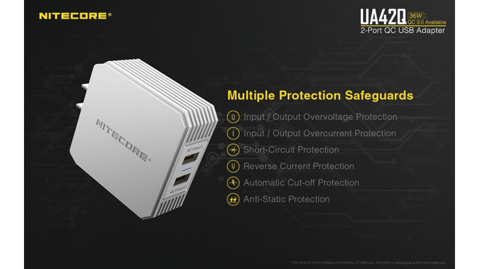 Nitecore UA42Q 2-Port Quick Charge USB 2.0 &amp; 3.0 Adapter, Silver, 6952506493067