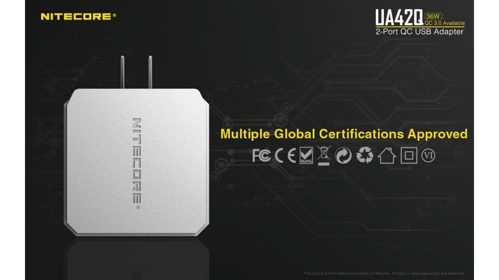Nitecore UA42Q 2-Port Quick Charge USB 2.0 &amp; 3.0 Adapter, Silver, 6952506493067
