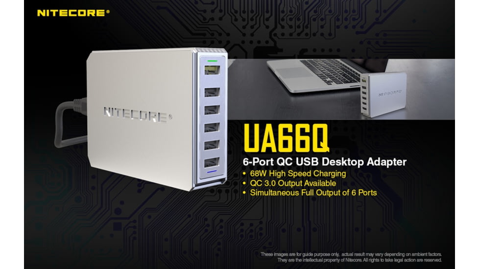 Nitecore UA66Q 6-Port 68W Quick Charge QC 3.0 2.0 USB Power Adapter, Silver, 6952506493081