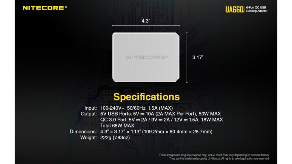 Nitecore UA66Q 6-Port 68W Quick Charge QC 3.0 2.0 USB Power Adapter, Silver, 6952506493081