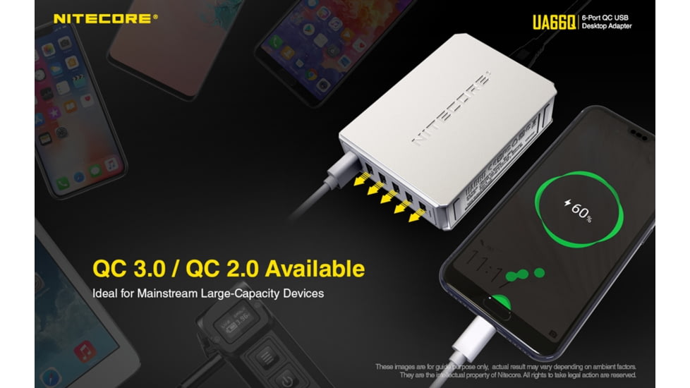 Nitecore UA66Q 6-Port 68W Quick Charge QC 3.0 2.0 USB Power Adapter, Silver, 6952506493081