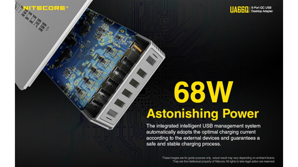 Nitecore UA66Q 6-Port 68W Quick Charge QC 3.0 2.0 USB Power Adapter, Silver, 6952506493081