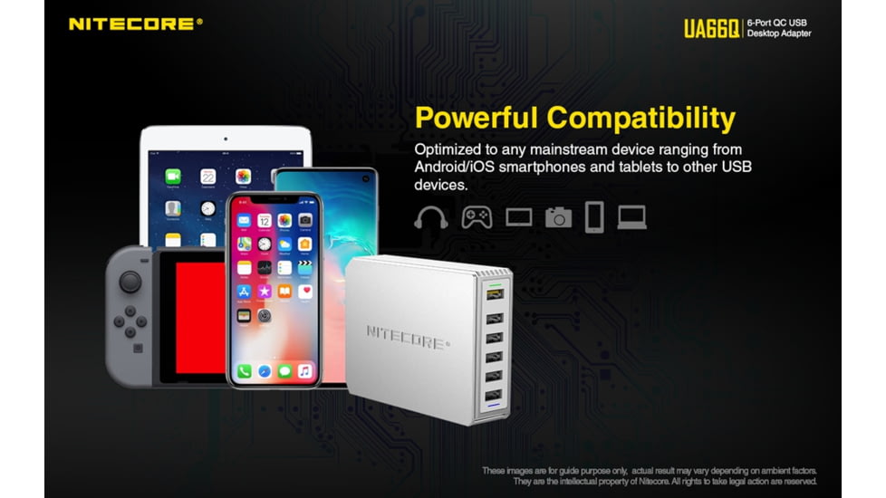 Nitecore UA66Q 6-Port 68W Quick Charge QC 3.0 2.0 USB Power Adapter, Silver, 6952506493081