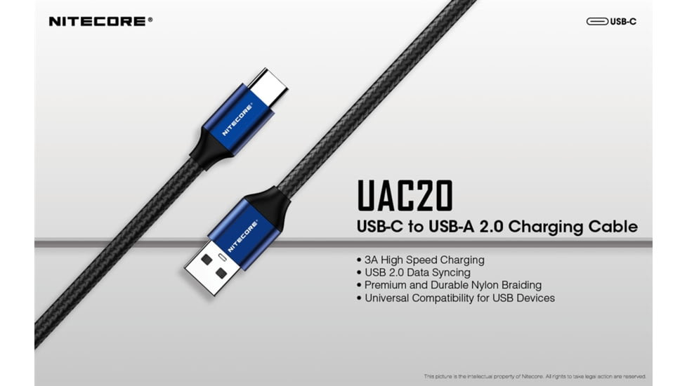 Nitecore UAC20 3.3ft USB Type C 3A Fast Charging Cable, Blue, 6952506493272