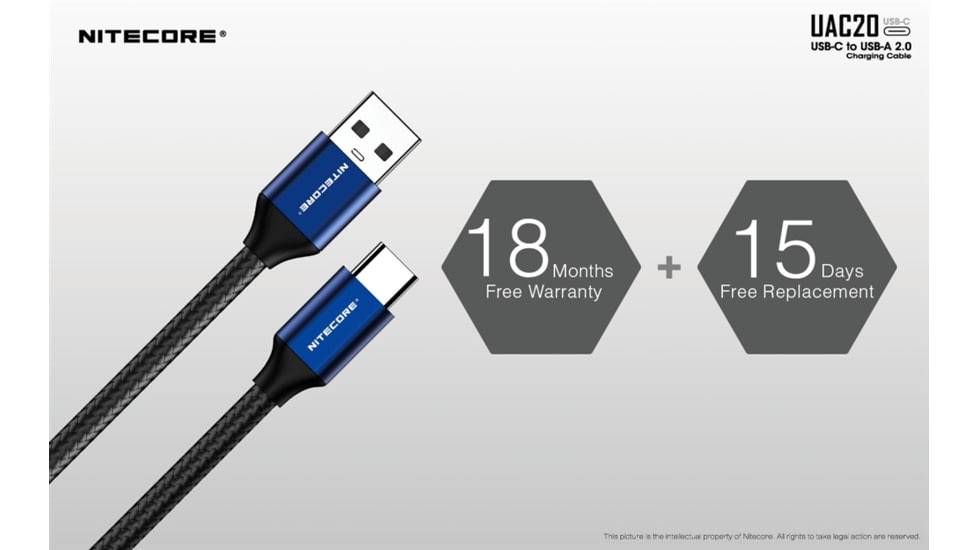 Nitecore UAC20 3.3ft USB Type C 3A Fast Charging Cable, Blue, 6952506493272