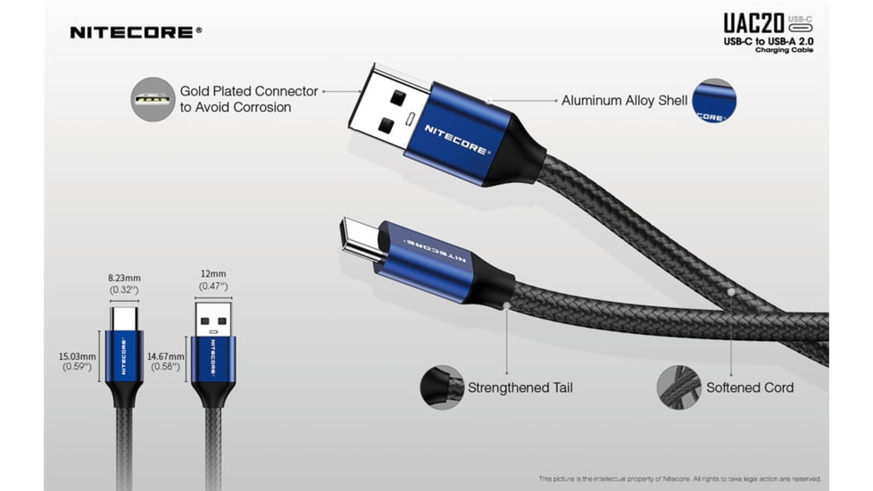 Nitecore UAC20 3.3ft USB Type C 3A Fast Charging Cable, Blue, 6952506493272