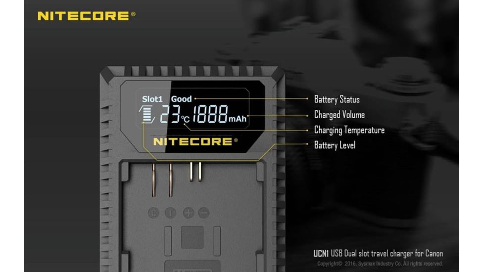 Nitecore UCN1 Canon Camera Battery Charger for LP-E6, LP-E6N and LP-E8 Batteries, Black, 6952506491797
