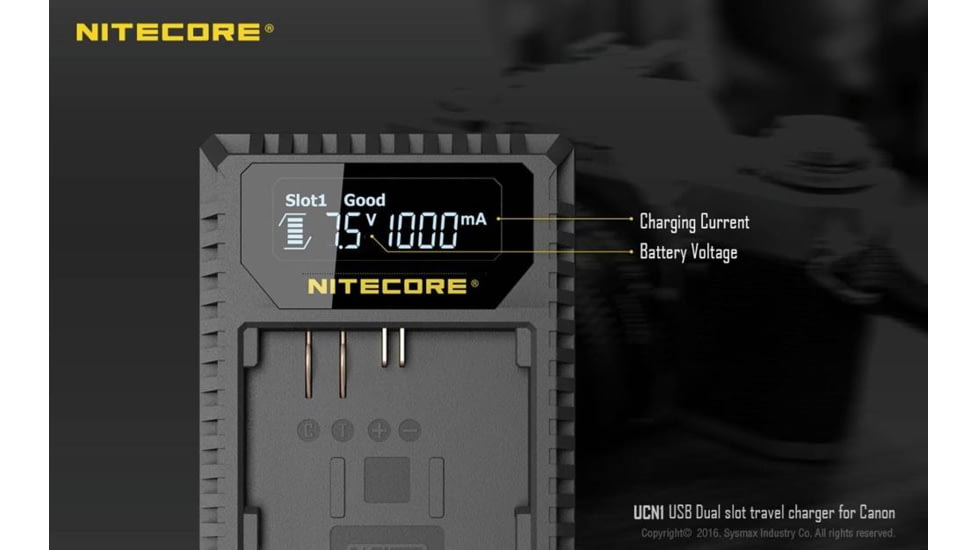 Nitecore UCN1 Canon Camera Battery Charger for LP-E6, LP-E6N and LP-E8 Batteries, Black, 6952506491797
