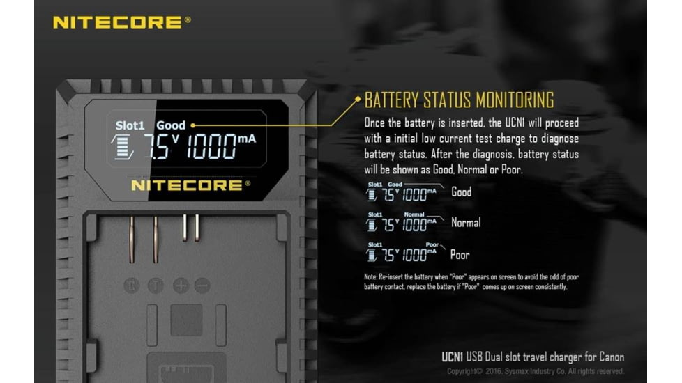Nitecore UCN1 Canon Camera Battery Charger for LP-E6, LP-E6N and LP-E8 Batteries, Black, 6952506491797