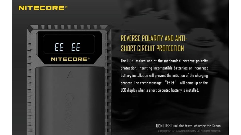 Nitecore UCN1 Canon Camera Battery Charger for LP-E6, LP-E6N and LP-E8 Batteries, Black, 6952506491797