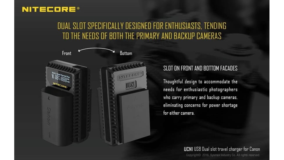 Nitecore UCN1 Canon Camera Battery Charger for LP-E6, LP-E6N and LP-E8 Batteries, Black, 6952506491797