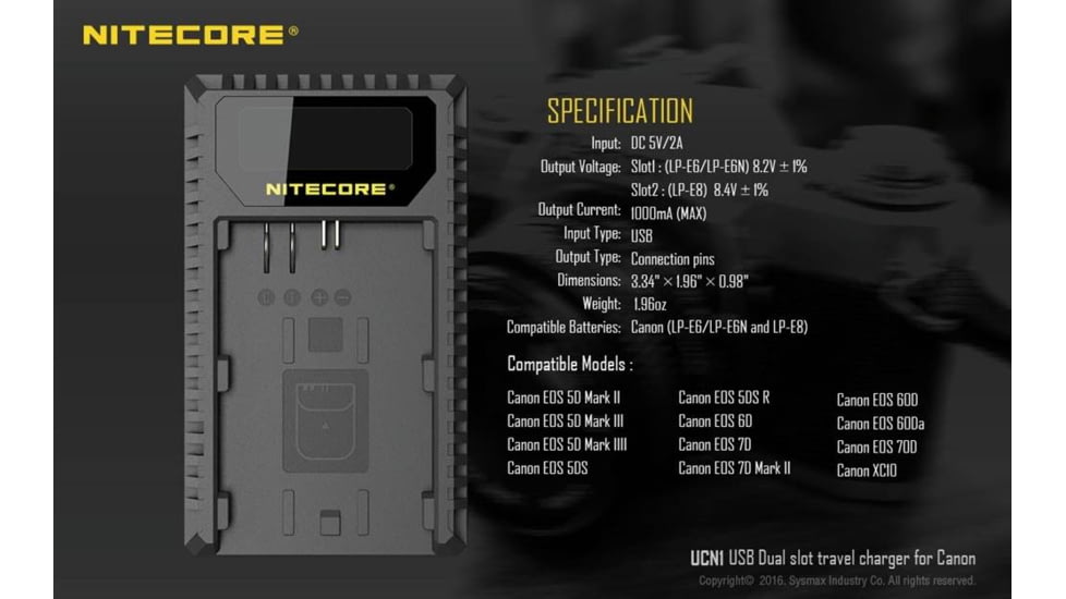 Nitecore UCN1 Canon Camera Battery Charger for LP-E6, LP-E6N and LP-E8 Batteries, Black, 6952506491797