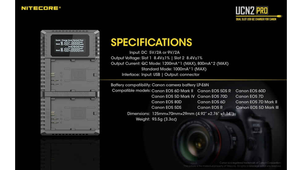 Nitecore UCN2 Pro Dual-Slot Fast Digital USB Charger for Canon LP-E6N Camera Batteries, Black, 6952506492855