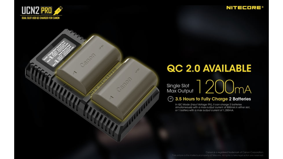 Nitecore UCN2 Pro Dual-Slot Fast Digital USB Charger for Canon LP-E6N Camera Batteries, Black, 6952506492855