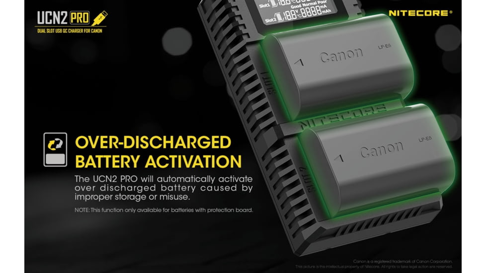Nitecore UCN2 Pro Dual-Slot Fast Digital USB Charger for Canon LP-E6N Camera Batteries, Black, 6952506492855