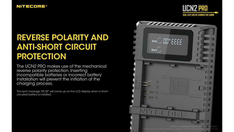 Nitecore UCN2 Pro Dual-Slot Fast Digital USB Charger for Canon LP-E6N Camera Batteries, Black, 6952506492855