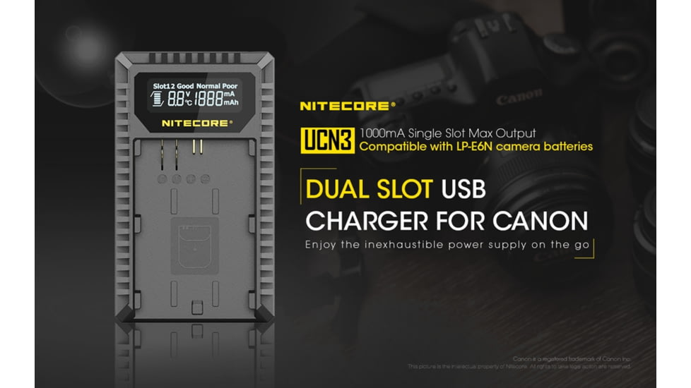 Nitecore UCN3 Digital USB Charger for Canon LP-E6N Camera Batteries, Black, 6952506492886