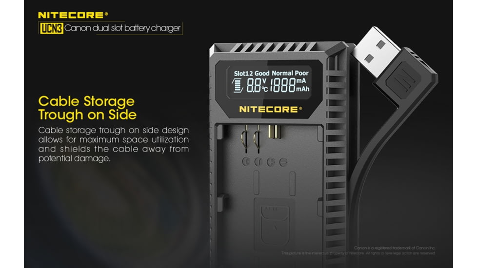 Nitecore UCN3 Digital USB Charger for Canon LP-E6N Camera Batteries, Black, 6952506492886