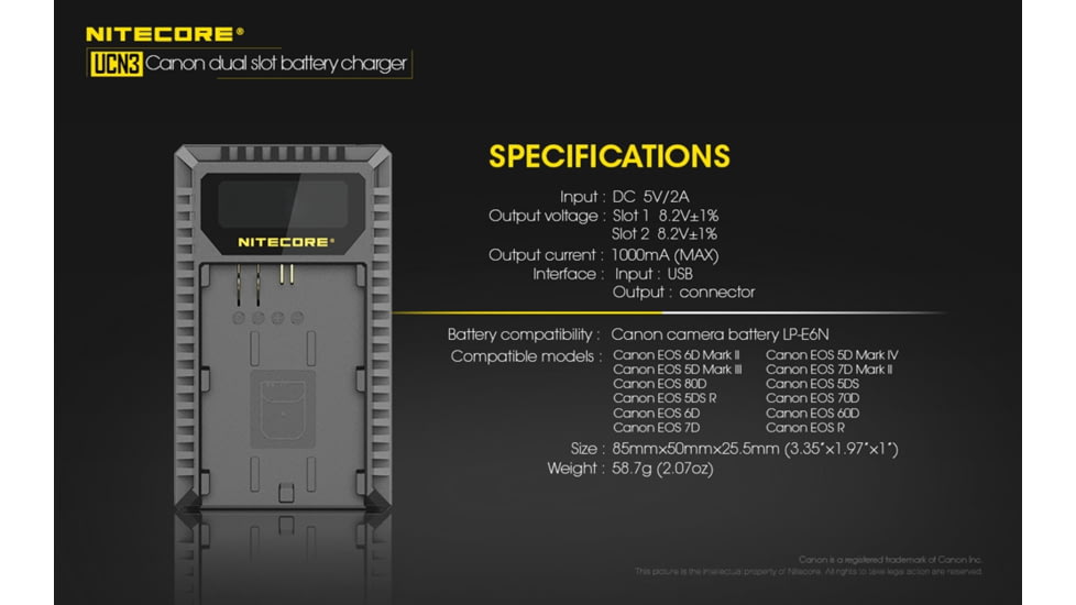 Nitecore UCN3 Digital USB Charger for Canon LP-E6N Camera Batteries, Black, 6952506492886