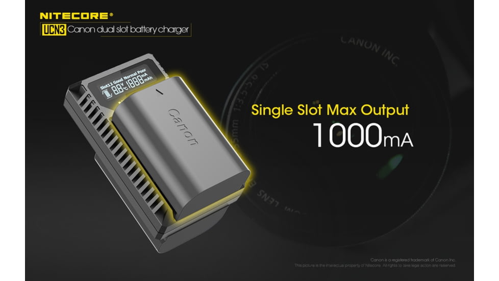 Nitecore UCN3 Digital USB Charger for Canon LP-E6N Camera Batteries, Black, 6952506492886