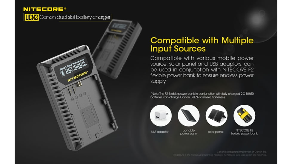 Nitecore UCN3 Digital USB Charger for Canon LP-E6N Camera Batteries, Black, 6952506492886