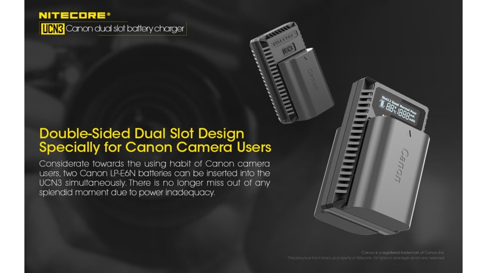 Nitecore UCN3 Digital USB Charger for Canon LP-E6N Camera Batteries, Black, 6952506492886