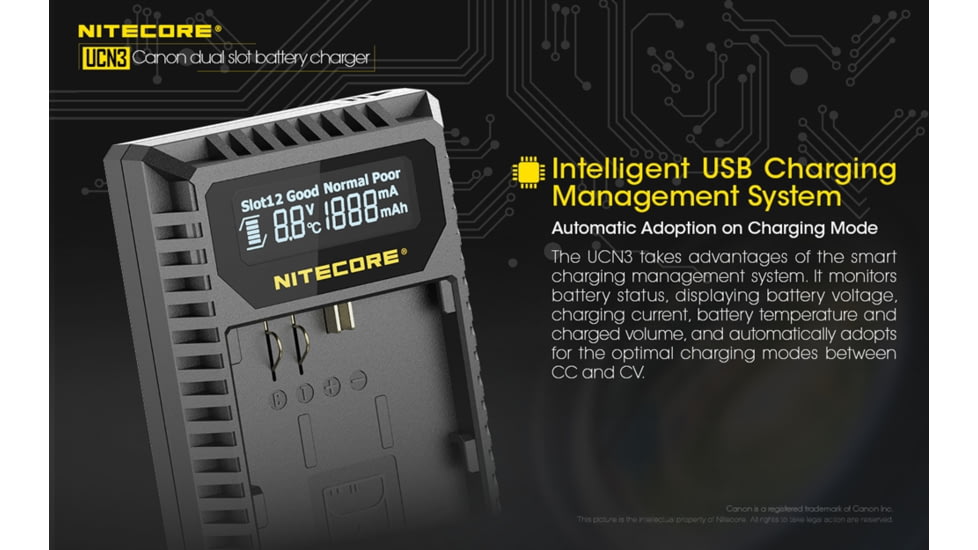 Nitecore UCN3 Digital USB Charger for Canon LP-E6N Camera Batteries, Black, 6952506492886