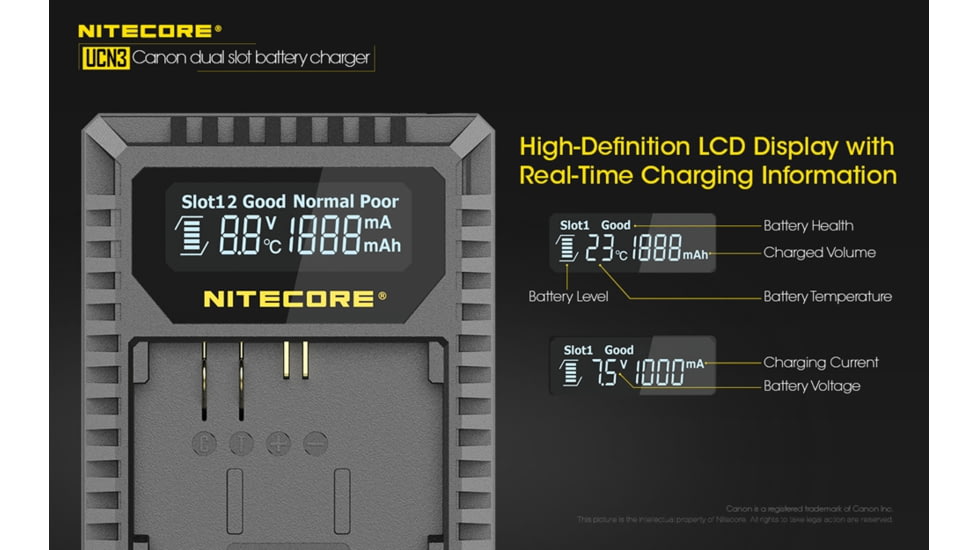 Nitecore UCN3 Digital USB Charger for Canon LP-E6N Camera Batteries, Black, 6952506492886