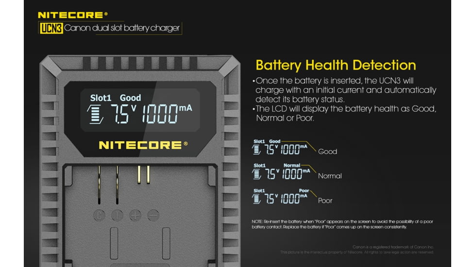 Nitecore UCN3 Digital USB Charger for Canon LP-E6N Camera Batteries, Black, 6952506492886