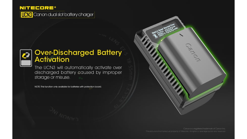 Nitecore UCN3 Digital USB Charger for Canon LP-E6N Camera Batteries, Black, 6952506492886