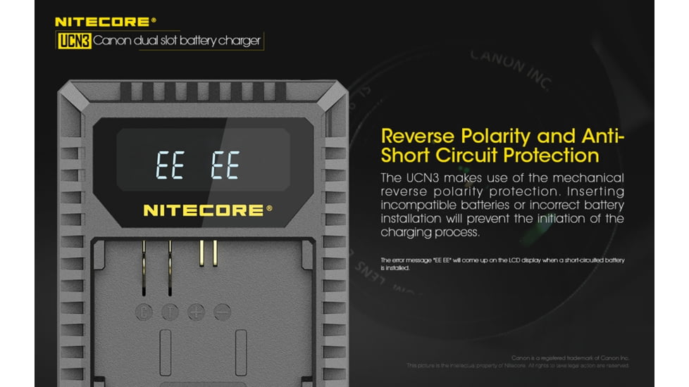 Nitecore UCN3 Digital USB Charger for Canon LP-E6N Camera Batteries, Black, 6952506492886