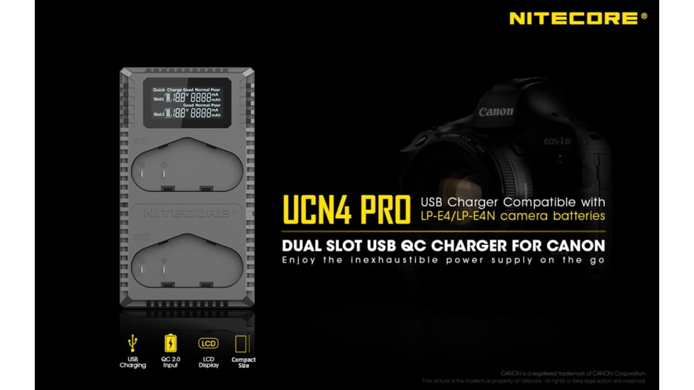 Nitecore UCN4 PRO Dual-Slot USB QuickCharge 2.0 Charger for Canon LP-E4 &amp; LP-E4N Camera Batteries, Black, 6952506493050