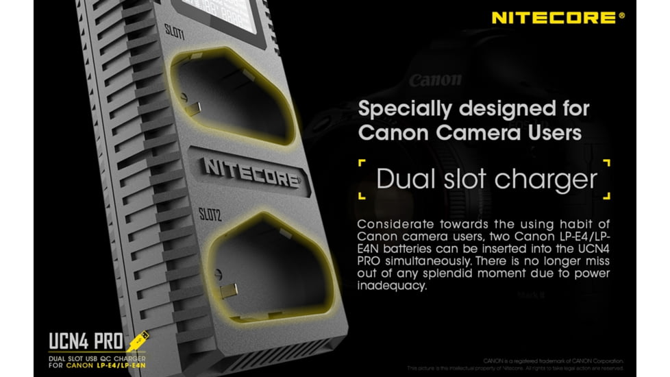 Nitecore UCN4 PRO Dual-Slot USB QuickCharge 2.0 Charger for Canon LP-E4 &amp; LP-E4N Camera Batteries, Black, 6952506493050