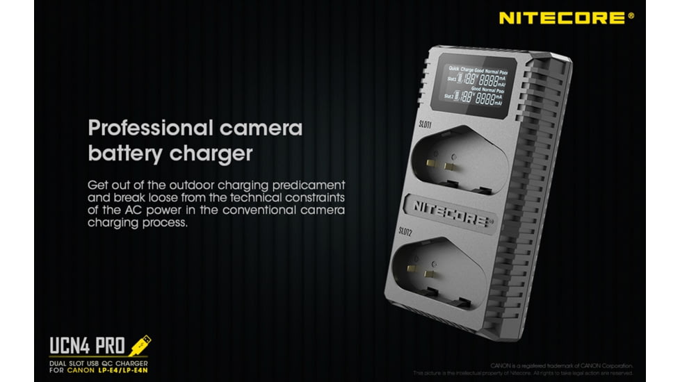 Nitecore UCN4 PRO Dual-Slot USB QuickCharge 2.0 Charger for Canon LP-E4 &amp; LP-E4N Camera Batteries, Black, 6952506493050