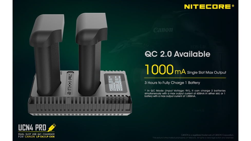 Nitecore UCN4 PRO Dual-Slot USB QuickCharge 2.0 Charger for Canon LP-E4 &amp; LP-E4N Camera Batteries, Black, 6952506493050