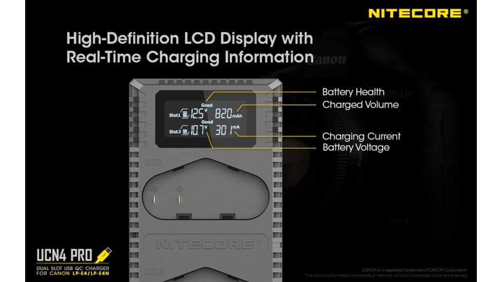 Nitecore UCN4 PRO Dual-Slot USB QuickCharge 2.0 Charger for Canon LP-E4 &amp; LP-E4N Camera Batteries, Black, 6952506493050