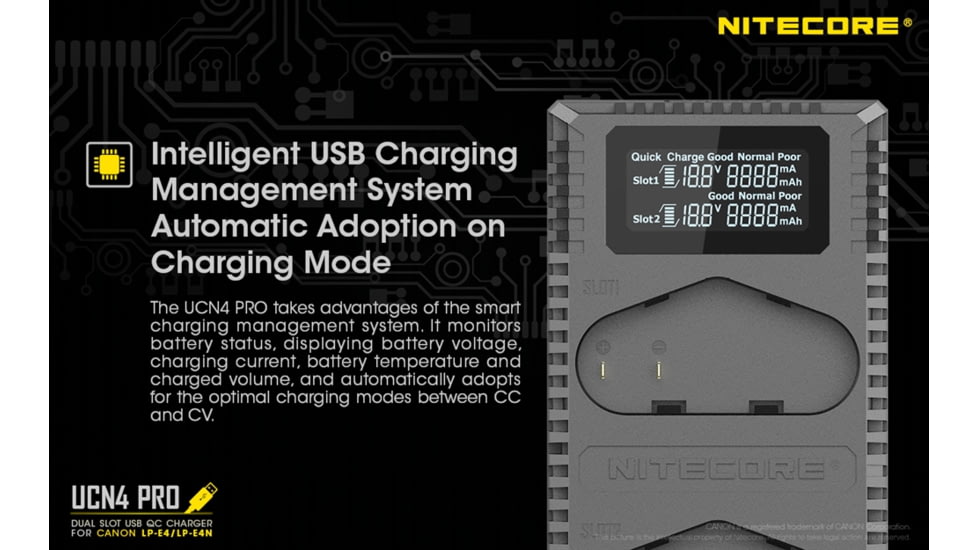 Nitecore UCN4 PRO Dual-Slot USB QuickCharge 2.0 Charger for Canon LP-E4 &amp; LP-E4N Camera Batteries, Black, 6952506493050