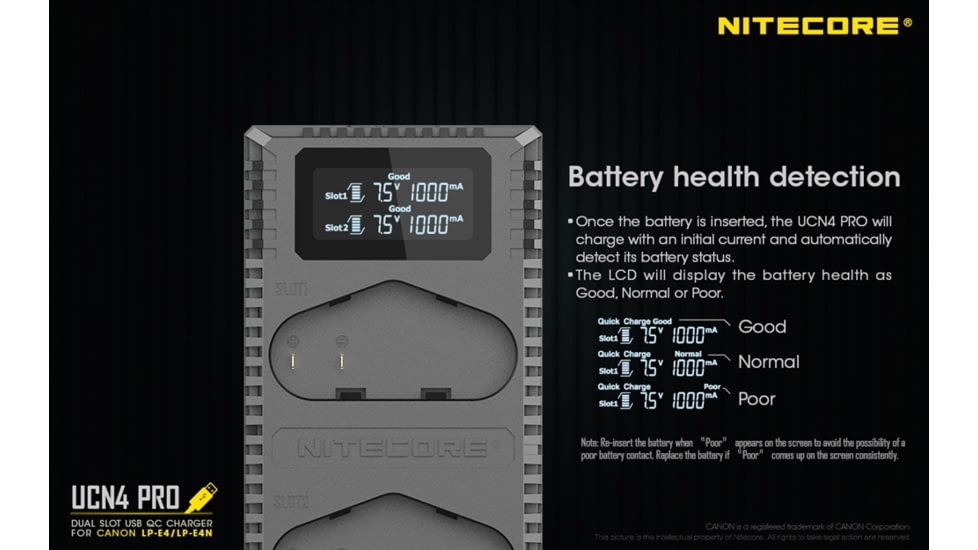 Nitecore UCN4 PRO Dual-Slot USB QuickCharge 2.0 Charger for Canon LP-E4 &amp; LP-E4N Camera Batteries, Black, 6952506493050