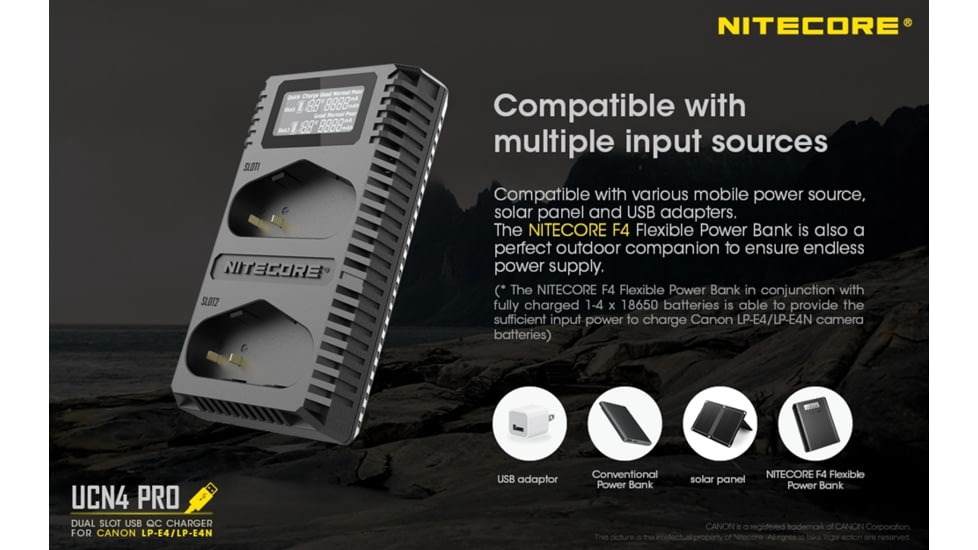 Nitecore UCN4 PRO Dual-Slot USB QuickCharge 2.0 Charger for Canon LP-E4 &amp; LP-E4N Camera Batteries, Black, 6952506493050
