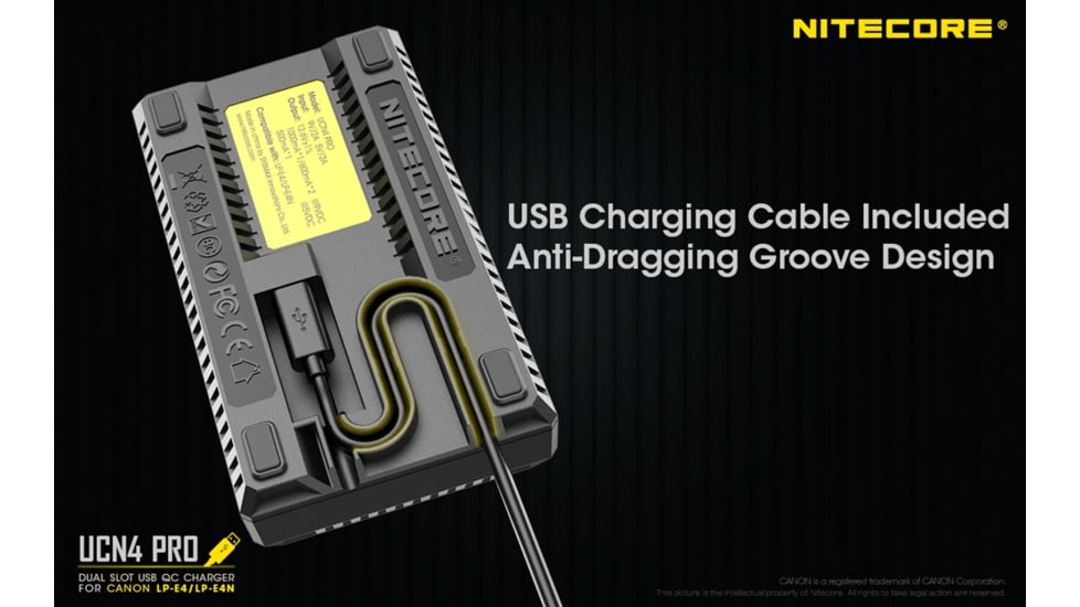 Nitecore UCN4 PRO Dual-Slot USB QuickCharge 2.0 Charger for Canon LP-E4 &amp; LP-E4N Camera Batteries, Black, 6952506493050