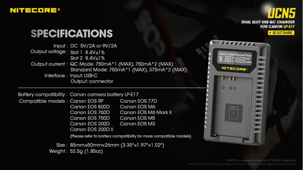 Nitecore UCN5 Dual-Slot USB-C QC Battery Charger for Canon LP-E17, Black, 6952506494309