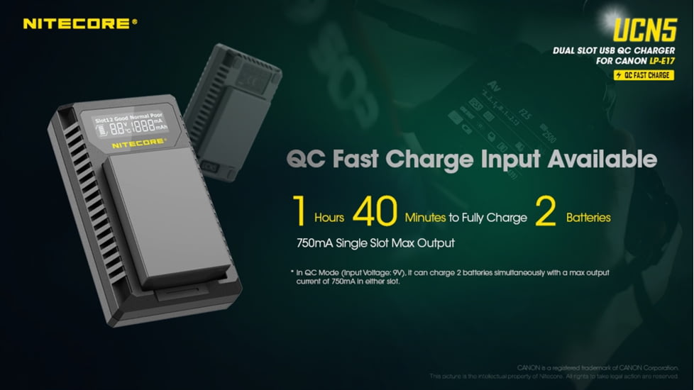 Nitecore UCN5 Dual-Slot USB-C QC Battery Charger for Canon LP-E17, Black, 6952506494309