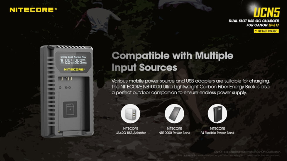 Nitecore UCN5 Dual-Slot USB-C QC Battery Charger for Canon LP-E17, Black, 6952506494309