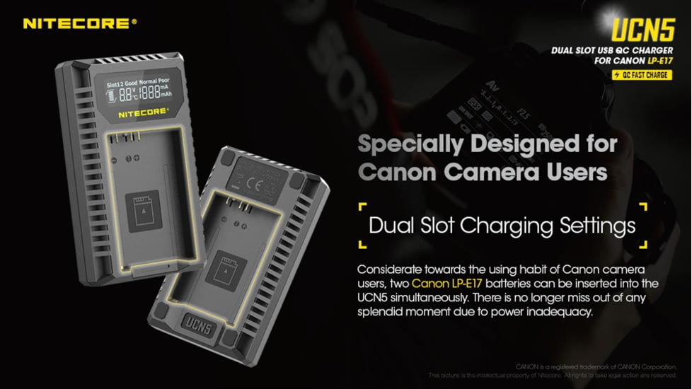 Nitecore UCN5 Dual-Slot USB-C QC Battery Charger for Canon LP-E17, Black, 6952506494309