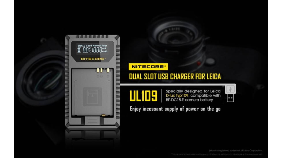 Nitecore UL109 Digital Dual Slot USB Travel Battery Charger for Leica D-LUX TYP109, Black, 6952506492640