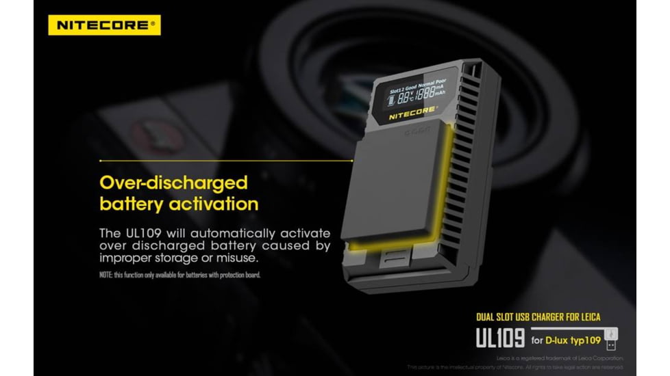 Nitecore UL109 Digital Dual Slot USB Travel Battery Charger for Leica D-LUX TYP109, Black, 6952506492640